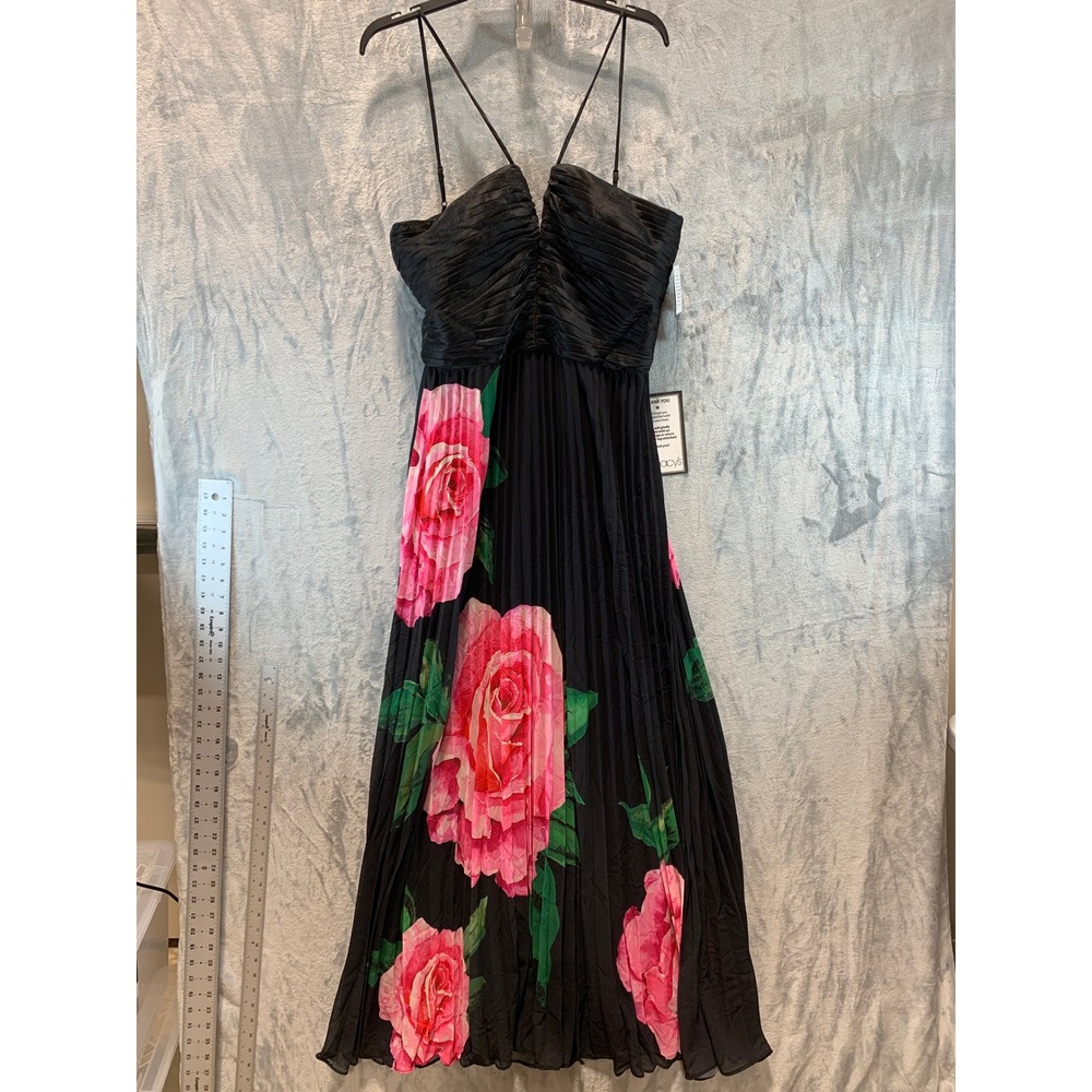 Xscape Womens Black Pink Rose Floral Pleated Maxi Evening Gown Dress 6842X 14